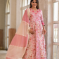 Blush Pink Floral Print Cotton Anarkali Suit Set With Dual Shade Dupatta