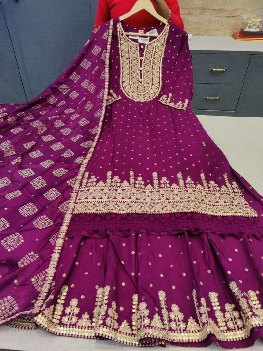 Wine Color Designer Rayon Nyra Cut Embroidered Kurti Sharara Set With Dupatta