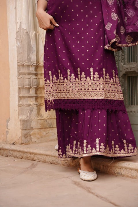 Wine Color Designer Rayon Nyra Cut Embroidered Kurti Sharara Set With Dupatta
