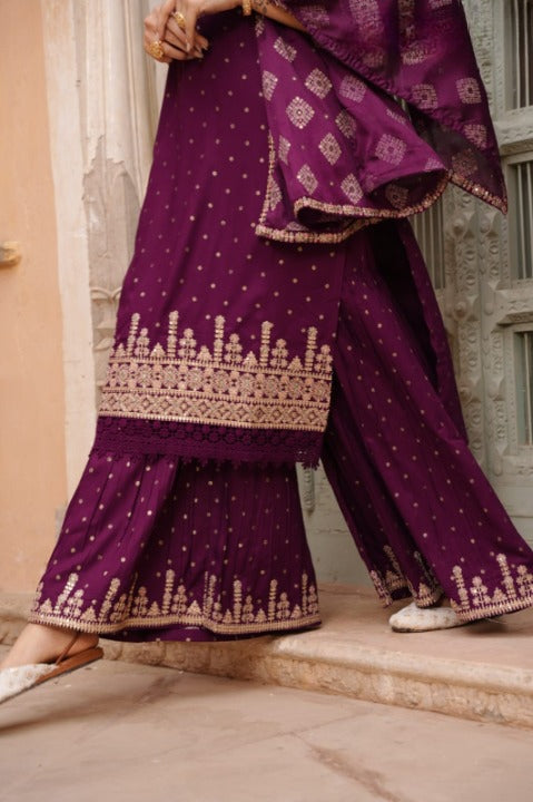 Wine Color Designer Rayon Nyra Cut Embroidered Kurti Sharara Set With Dupatta