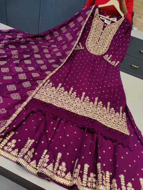 Wine Color Designer Rayon Nyra Cut Embroidered Kurti Sharara Set With Dupatta
