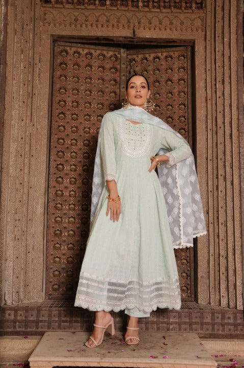 Light Pistachio Cotton Embroidered Anarkali Kurti Pant Set With Organza Dupatta