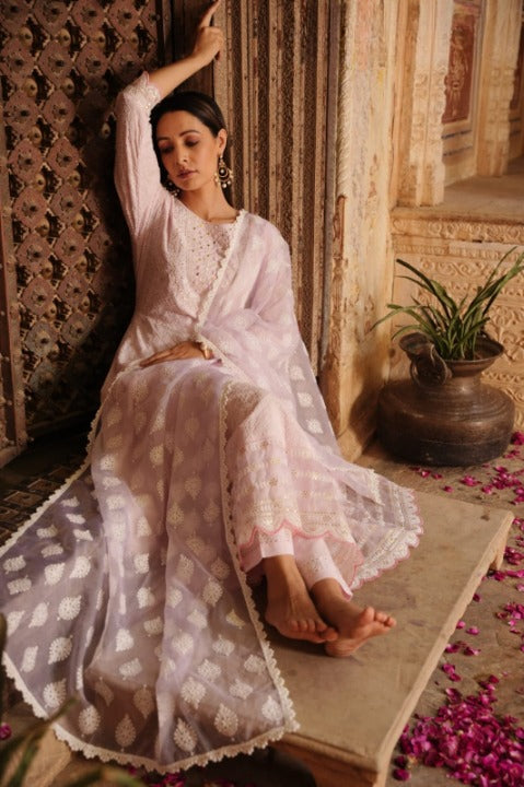 Peachy Pink Cotton Embroidered Anarkali Kurti Pant Set With Organza Dupatta
