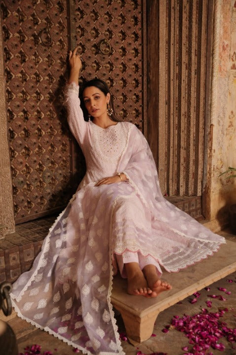 Peachy Pink Cotton Embroidered Anarkali Kurti Pant Set With Organza Dupatta