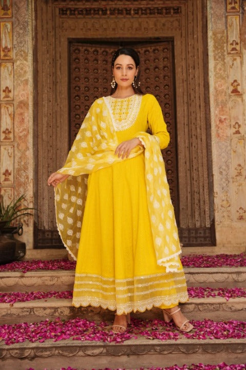 Yellow Cotton Embroidered Anarkali Kurti Pant Set With Organza Dupatta