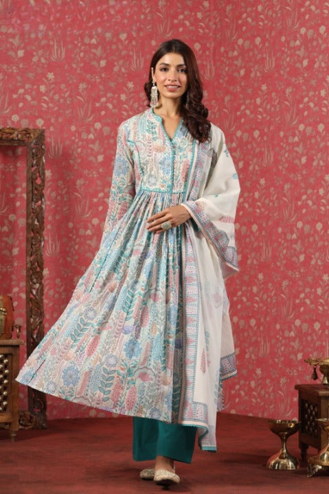 Turquoise Digital Print Mulmul Cotton Anarkali Kurti With Pant And Dupatta