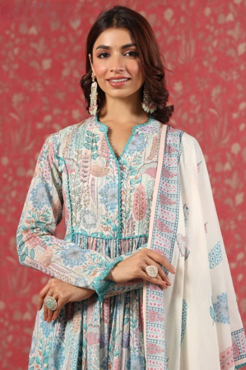 Turquoise Digital Print Mulmul Cotton Anarkali Kurti With Pant And Dupatta