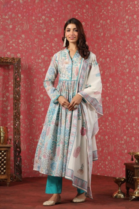 Turquoise Digital Print Mulmul Cotton Anarkali Kurti With Pant And Dupatta