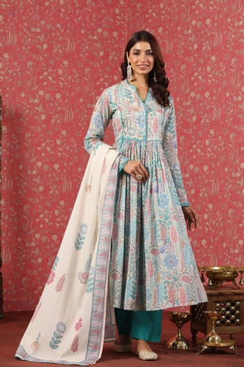 Turquoise Digital Print Mulmul Cotton Anarkali Kurti With Pant And Dupatta