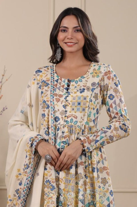 Beige Digital Print Mulmul Cotton Anarkali Kurti With Mulmul Pant And Dupatta