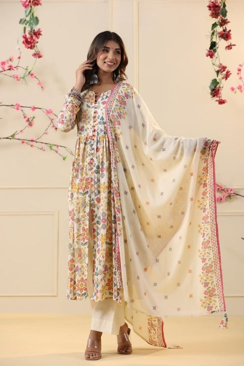 Cream Digital Print Mulmul Cotton Anarkali Kurti With Mulmul Pant And Dupatta
