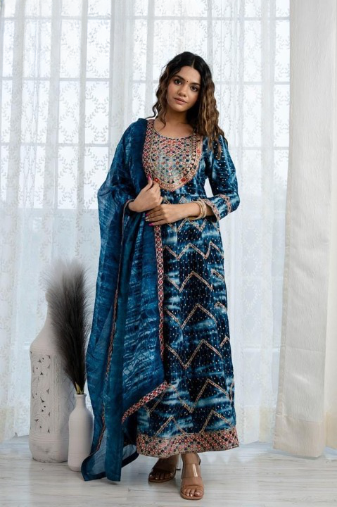 Ocean Blue Digital Print Three Piece Embroidery work Anaarkali Set With Pant and  Dupatta