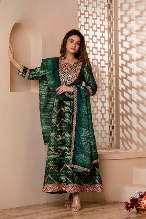Forest Green Digital Print Three Piece Embroidery work Anaarkali Set With Pant and  Dupatta