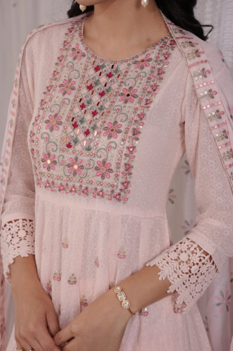 Baby Pink Georgette Designer Embroidery Anarkali Set With Pant And Dupatta