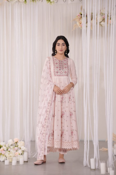 Baby Pink Georgette Designer Embroidery Anarkali Set With Pant And Dupatta