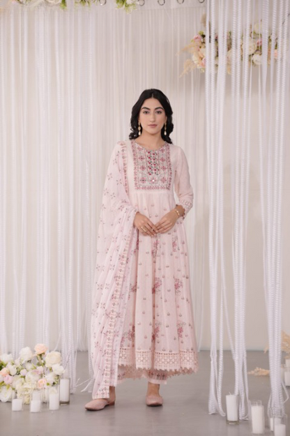 Baby Pink Georgette Designer Embroidery Anarkali Set With Pant And Dupatta