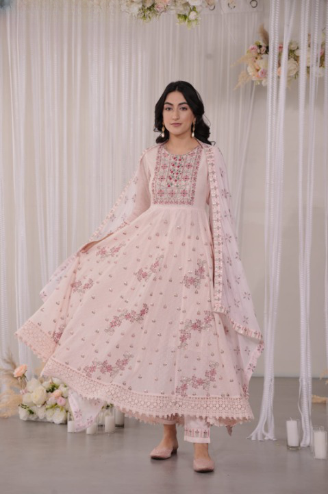 Baby Pink Georgette Designer Embroidery Anarkali Set With Pant And Dupatta