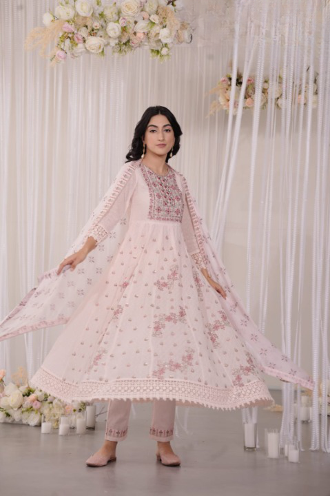 Baby Pink Georgette Designer Embroidery Anarkali Set With Pant And Dupatta