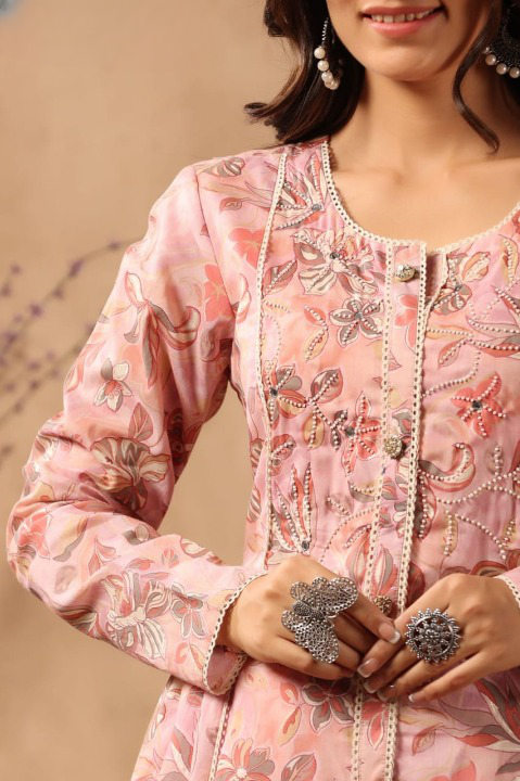 Pink Floral Print Mulmul  Front Slit Suit Set With Pant 