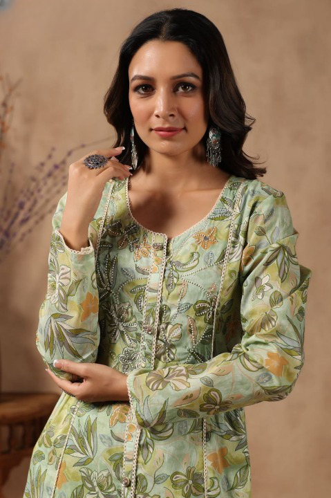Green Floral Print Mulmul  Front Slit Suit Set With Pant 