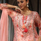 Peach Floral Print Muslin Kurti Suit Set With Skirt And Dupatta