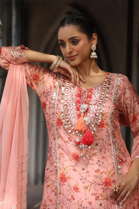 Peach Floral Print Muslin Kurti Suit Set With Skirt And Dupatta