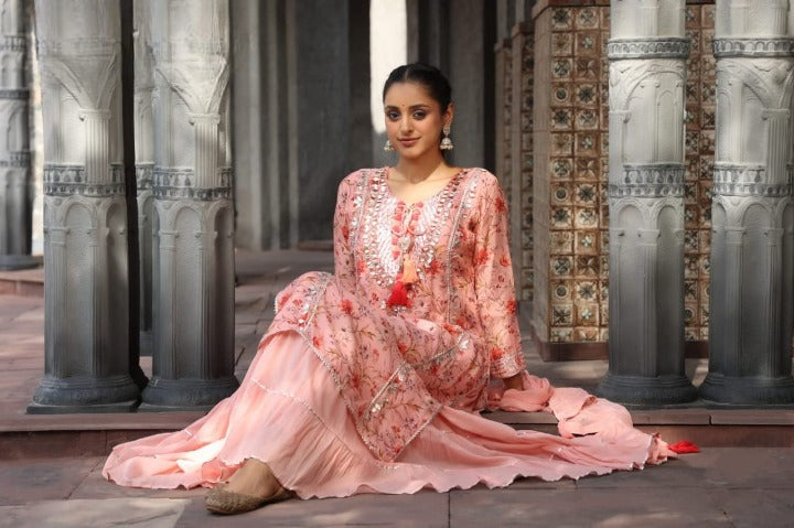 Peach Floral Print Muslin Kurti Suit Set With Skirt And Dupatta
