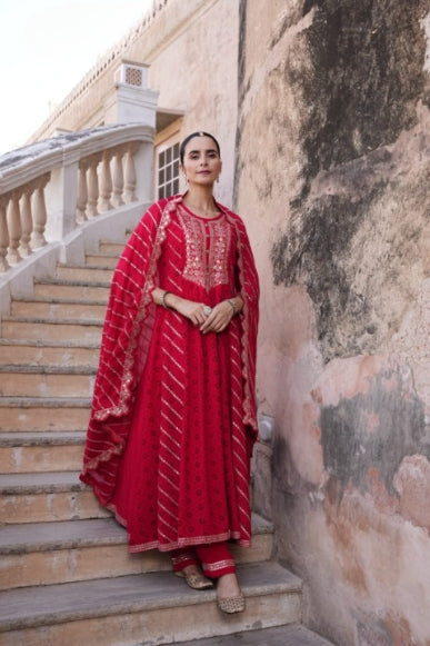 Deep Red Schiffili Embroidered Three Piece Anarkali Set