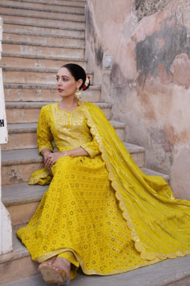 Cadmium Yellow  Schiffili Embroidered Three Piece Anarkali Set