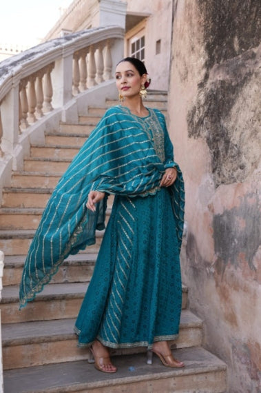 Turquoise  Schiffili Embroidered Three Piece Anarkali Set