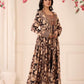 Coffee Brown Three Piece Full Sleeve Pure Muslin Anarkali Gown Set With Muslin Pant And Designer Muslin Top