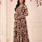Coffee Brown Three Piece Full Sleeve Pure Muslin Anarkali Gown Set With Muslin Pant And Designer Muslin Top