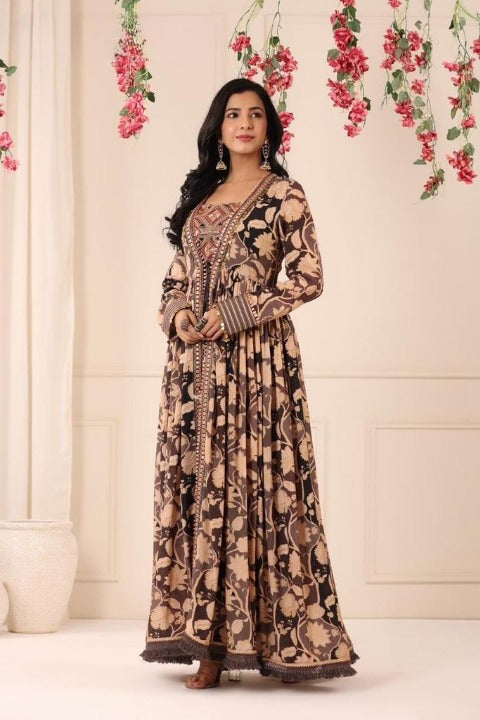 Coffee Brown Three Piece Full Sleeve Pure Muslin Anarkali Gown Set With Muslin Pant And Designer Muslin Top