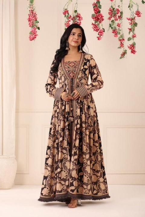 Coffee Brown Three Piece Full Sleeve Pure Muslin Anarkali Gown Set With Muslin Pant And Designer Muslin Top