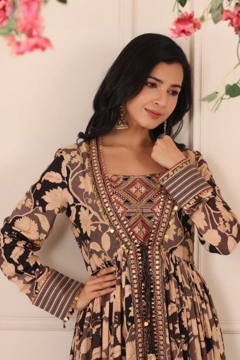 Coffee Brown Three Piece Full Sleeve Pure Muslin Anarkali Gown Set With Muslin Pant And Designer Muslin Top