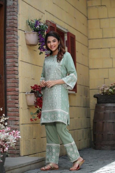 Pistachio Designer Two Piece Embroidered Co-ord Set