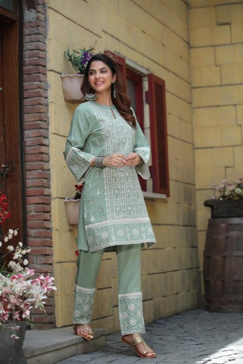 Pistachio Designer Two Piece Embroidered Co-ord Set