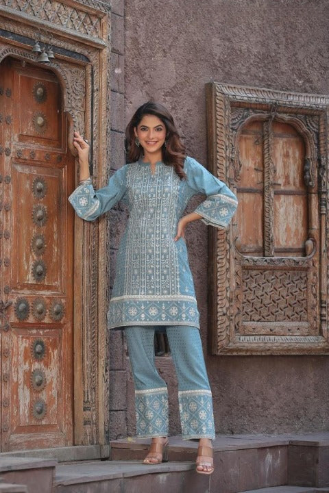 Powder Blue Designer Two Piece Embroidered Co-ord Set