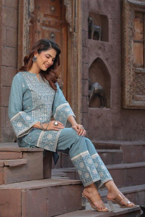 Powder Blue Designer Two Piece Embroidered Co-ord Set