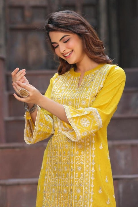 Yellow Designer Two Piece Embroidered Co-ord Set