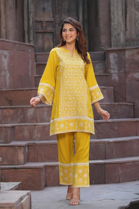Yellow Designer Two Piece Embroidered Co-ord Set