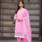 Pink Three Piece Nyra Cut Cotton Straight Kurti Set With Harem Pant and Organza Dupatta