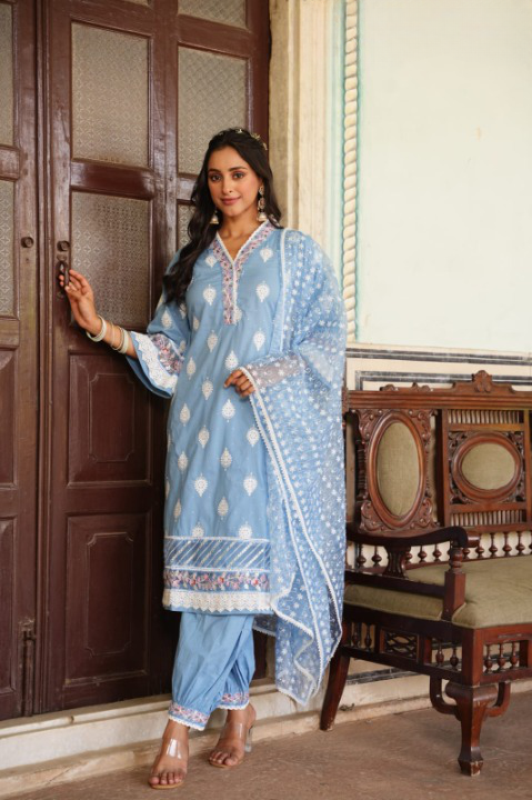 Powder Blue Three Piece Nyra Cut Cotton Straight Kurti Set With Harem Pant and Organza Dupatta