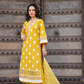 Yellow Three Piece Nyra Cut Cotton Straight Kurti Set With Harem Pant and Organza Dupatta