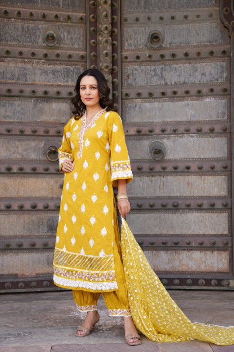 Yellow Three Piece Nyra Cut Cotton Straight Kurti Set With Harem Pant and Organza Dupatta