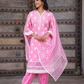 Pink Three Piece Nyra Cut Cotton Straight Kurti Set With Harem Pant and Organza Dupatta
