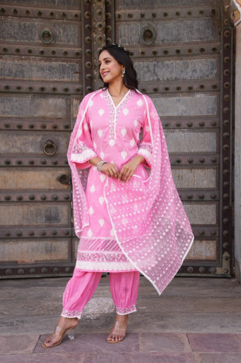 Pink Three Piece Nyra Cut Cotton Straight Kurti Set With Harem Pant and Organza Dupatta