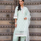 Mint Green Three Piece Nyra Cut Cotton Straight Kurti Set With Harem Pant and Organza Dupatta