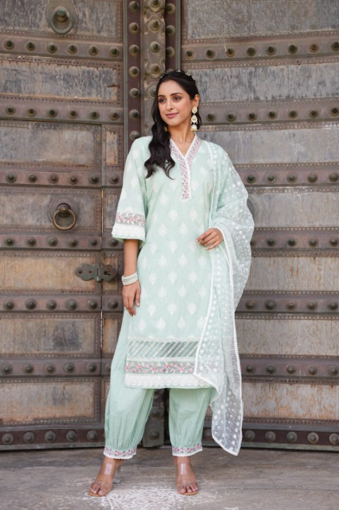 Mint Green Three Piece Nyra Cut Cotton Straight Kurti Set With Harem Pant and Organza Dupatta