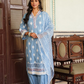 Powder Blue Three Piece Nyra Cut Cotton Straight Kurti Set With Harem Pant and Organza Dupatta